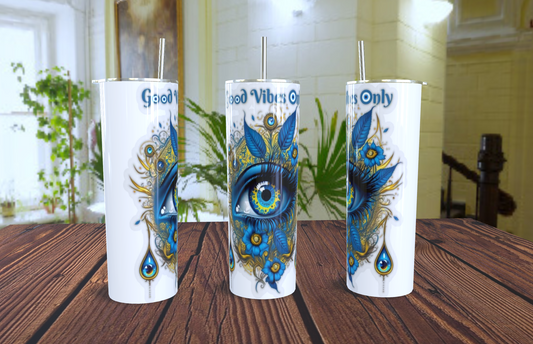 Tumbler “Good Vibes Only” – Ojo Protector con Detalles Florales