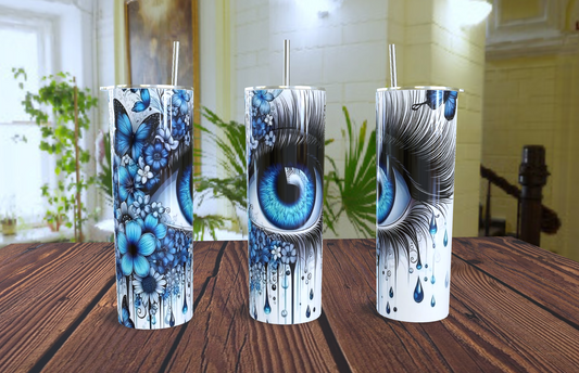 Tumbler Ojo Azul Artístico – Diseño Floral y Detalles en Acuarela
