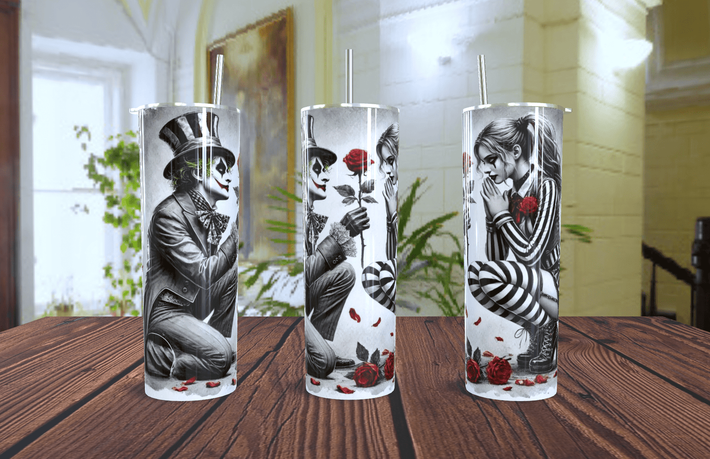 Tumbler Joker y Harley Quinn Gótico Rosas 20oz
