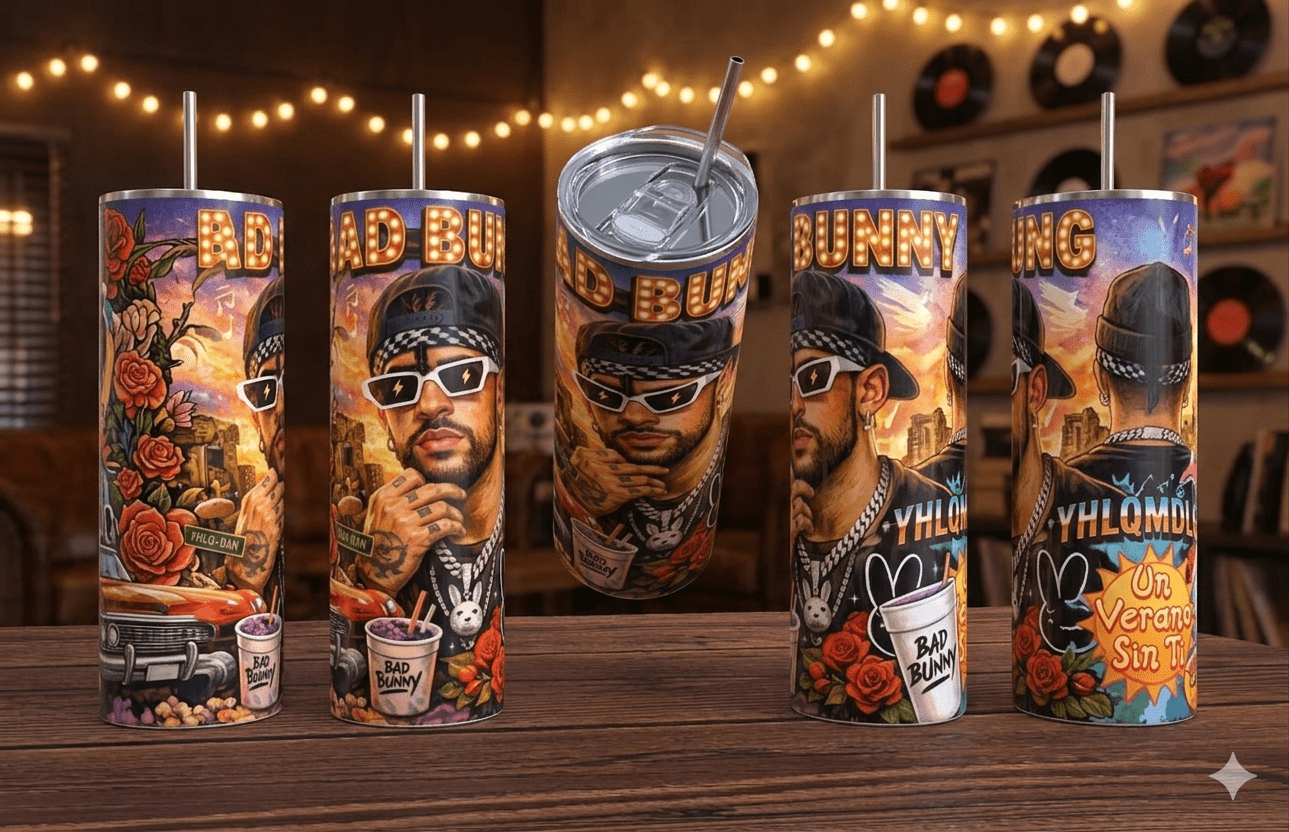 Tumbler skinny 20oz con diseño fan art de Bad Bunny en colores negro, amarillo y blanco – Designs Clara