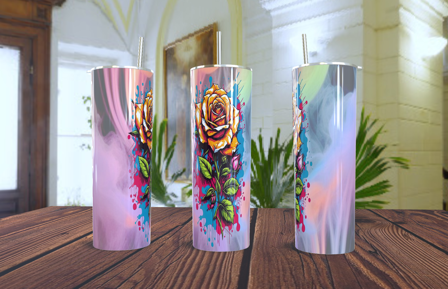 Rosa Graffiti Tumbler 20oz - Estilo Acuarela