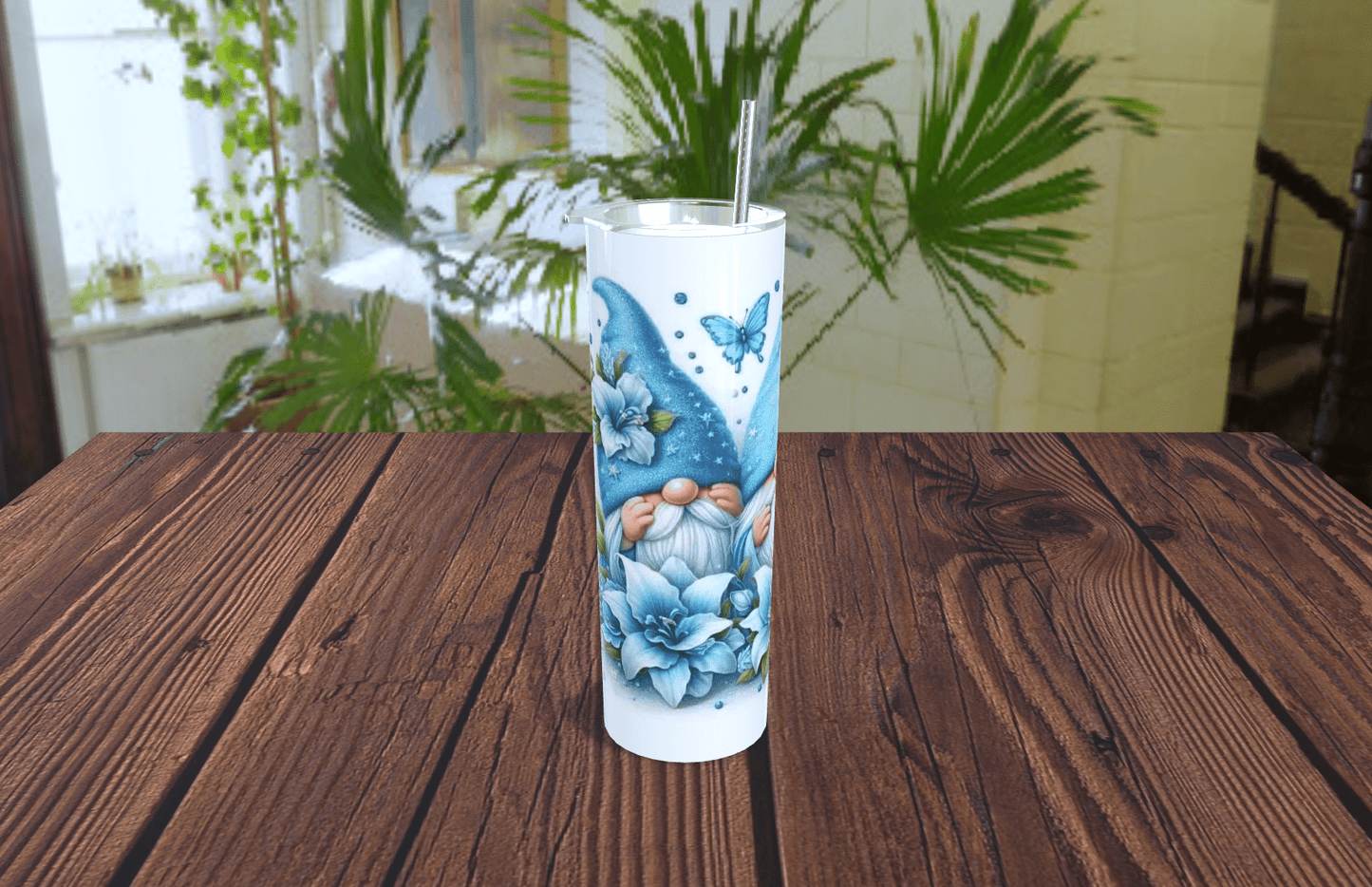 Gnomo Azul Tumbler 20oz - Floral con Mariposas
