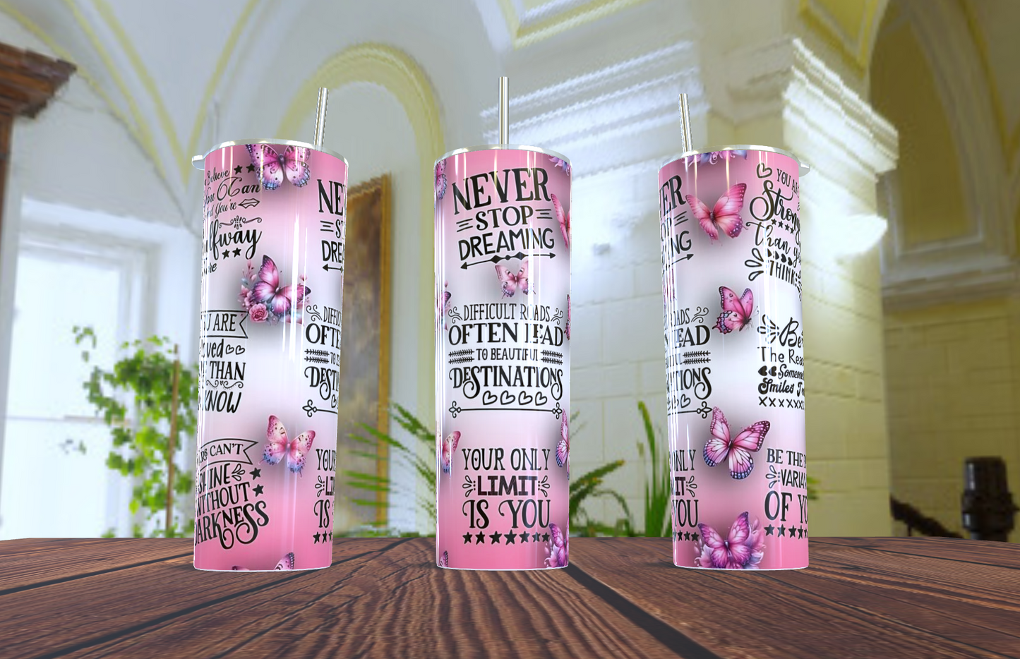 "Vaso Térmico Motivacional de 20oz - Diseño Mariposas Rosas 'Never Stop Dreaming'"