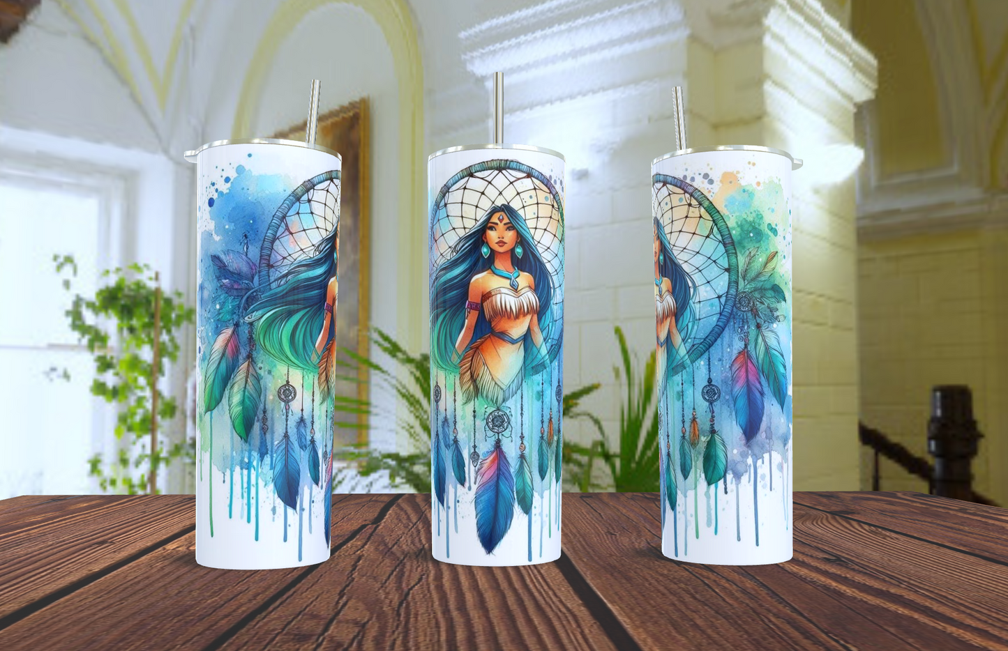Pocahontas Dreamcatcher Tumbler – Disney Watercolor Gift | 20oz Skinny Tumbler