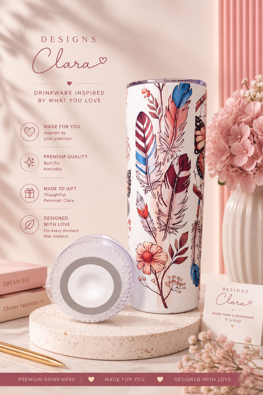 Feather & Butterfly Skinny Tumbler 20oz – Boho Wildflower| Travel Mug