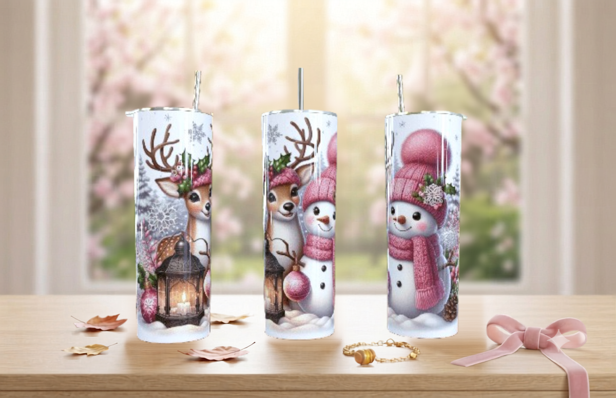 Christmas Reindeer & Snowman Pink Skinny Tumbler 20oz| Travel Mug