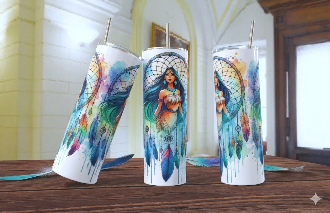 Pocahontas Dreamcatcher Tumbler – Disney Watercolor Gift | 20oz Skinny Tumbler