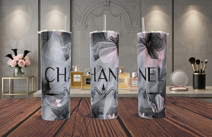 Tumbler Chanel Inspired - Floral Gray & Pink Elegance 20oz | Travel Mug