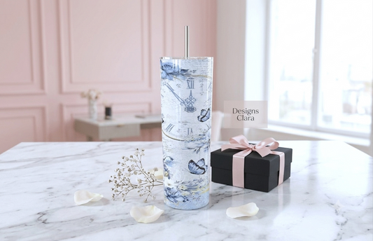 Tumbler Mariposas y Rosas Azules Reloj Vintage - 20oz | Travel Mug