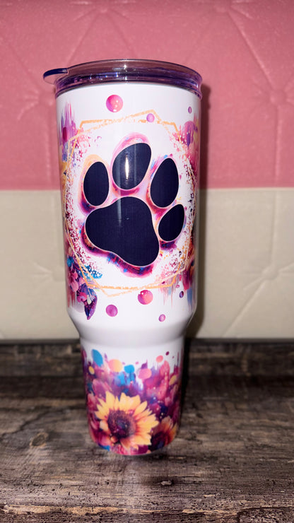  Tumbler 40oz Boho Paws detalle del diseño boho con girasoles y calavera – Designs Clara