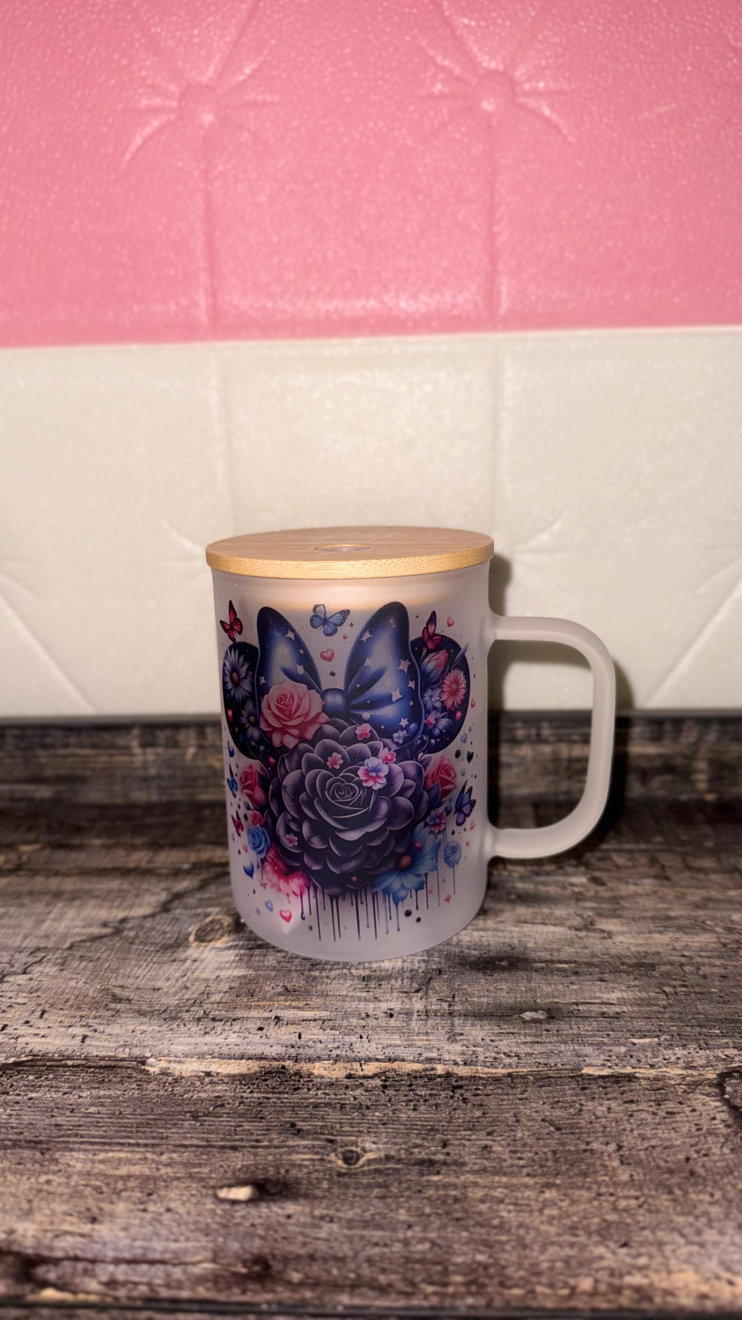 Dark Butterfly Rose Glass Mug 16oz – Frosted Bamboo Lid