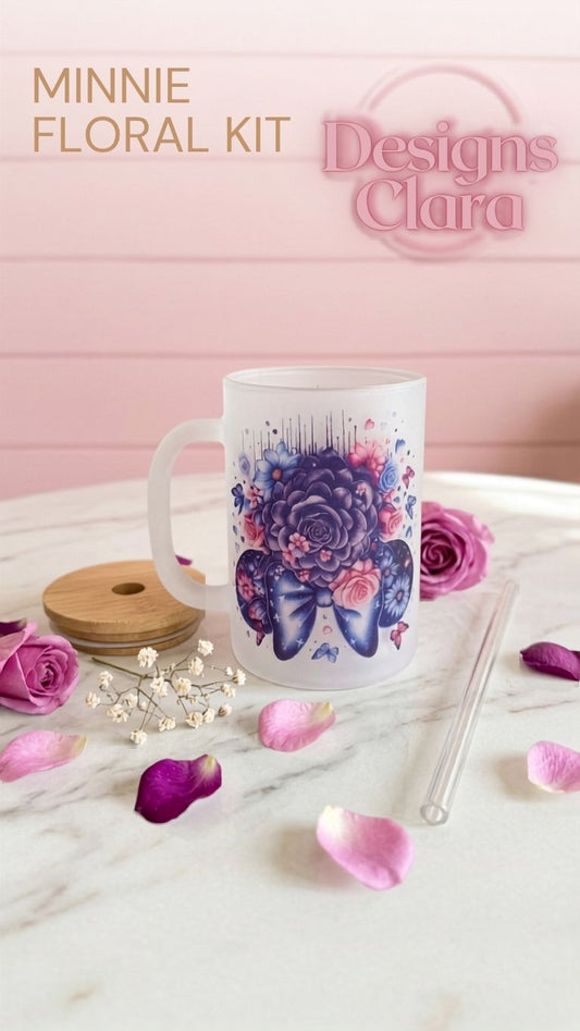 Taza de Vidrio Esmerilado Mariposas y Rosas Moradas - Tapa Bambú