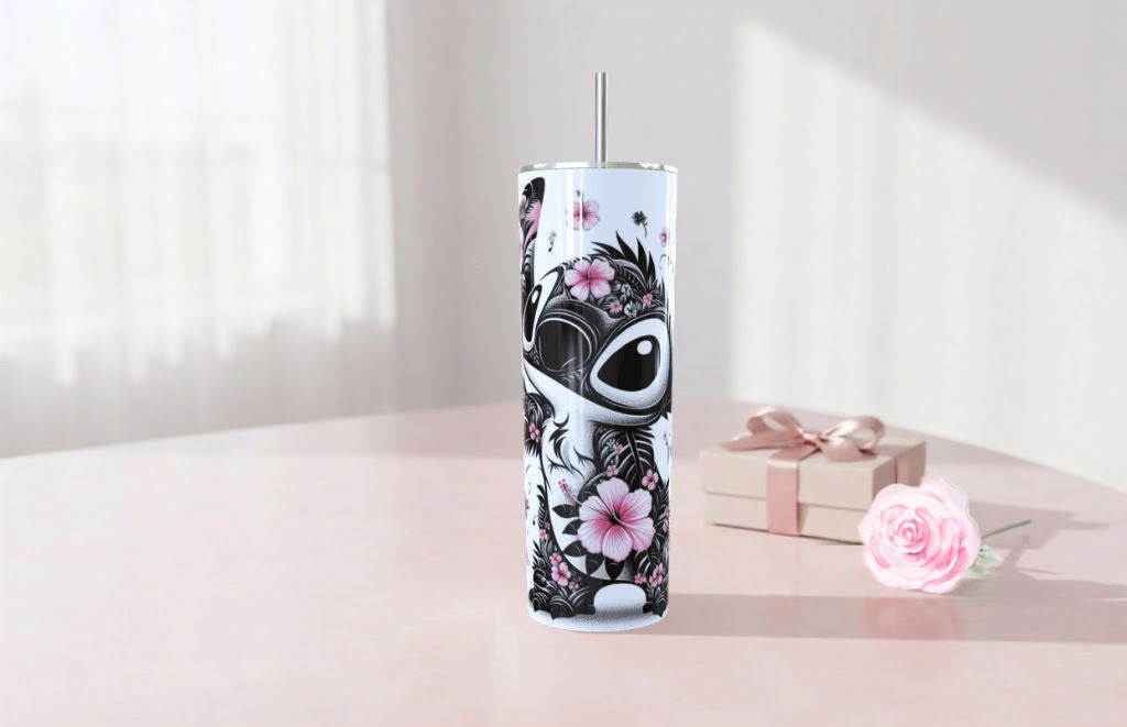 Termo Skinny de Stitch con Flores Rosas - 20oz Acero Inoxidable| Travel Mug