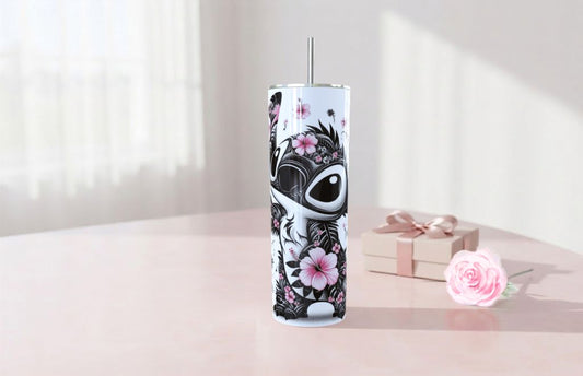 Termo Skinny de Stitch con Flores Rosas - 20oz Acero Inoxidable| Travel Mug