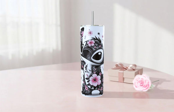 Termo Skinny de Stitch con Flores Rosas - 20oz Acero Inoxidable| Travel Mug