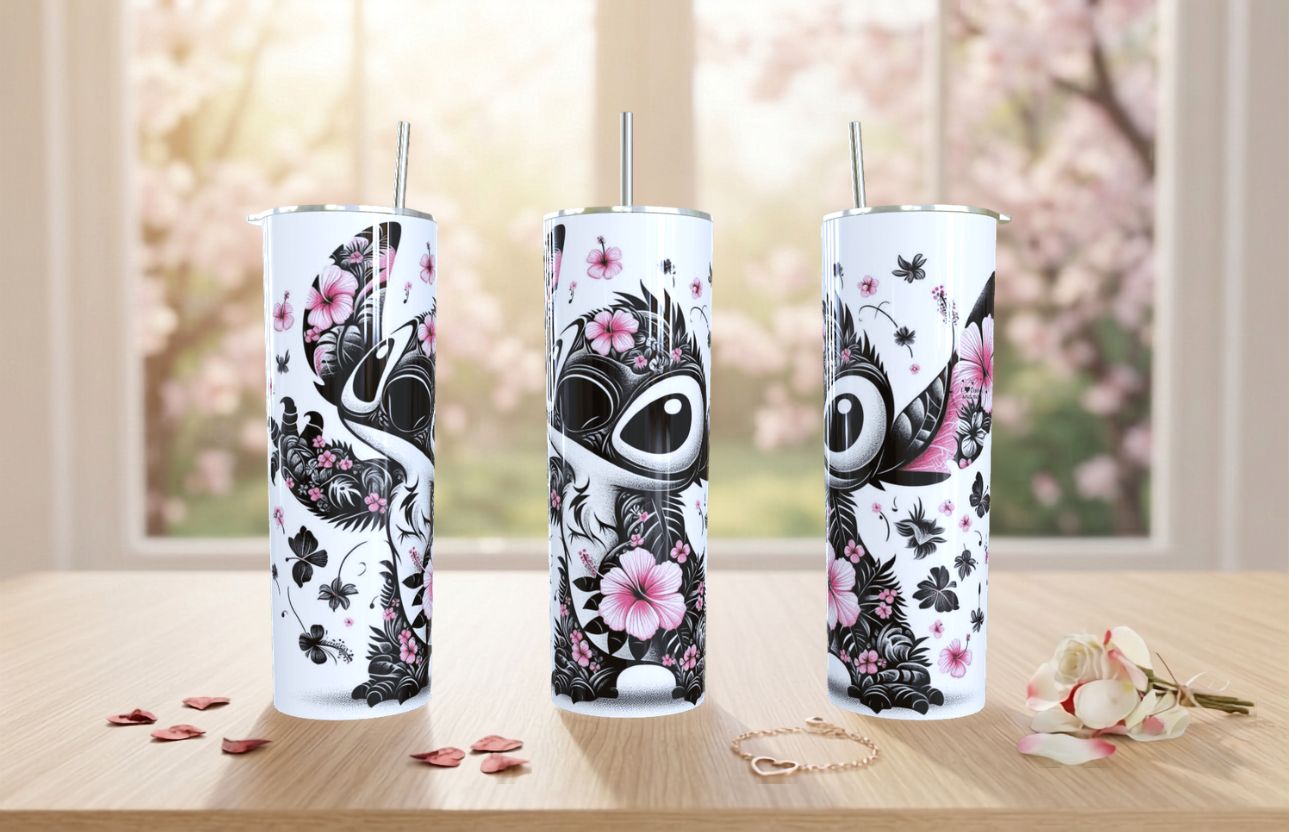 Termo Skinny de Stitch con Flores Rosas - 20oz Acero Inoxidable| Travel Mug