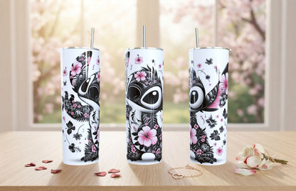 Termo Skinny de Stitch con Flores Rosas - 20oz Acero Inoxidable| Travel Mug