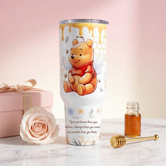Tumbler Winnie the Pooh - Abejitas, Miel y Flores 40oz con Asa | Travel Mug