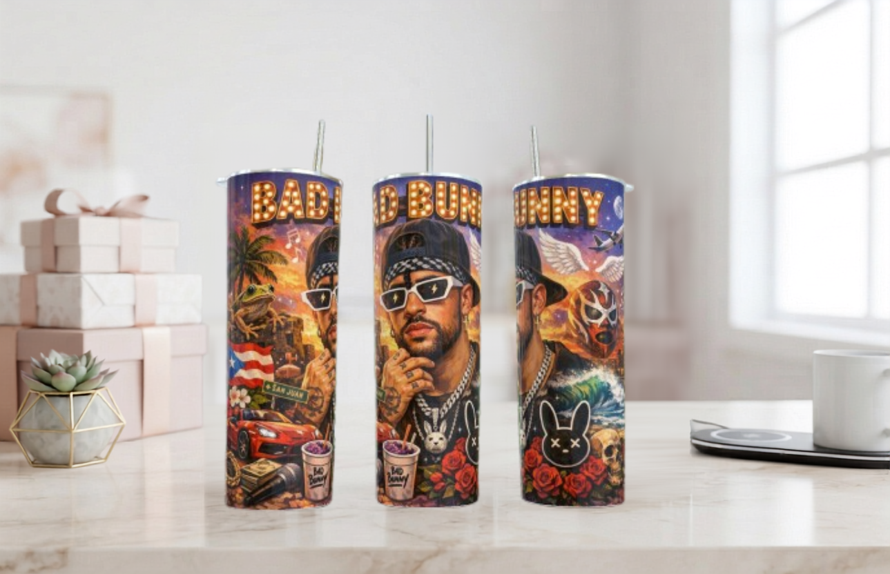 Bad Bunny Tumbler – Fan Art Gift | 20oz Skinny Tumbler| Travel Mug
