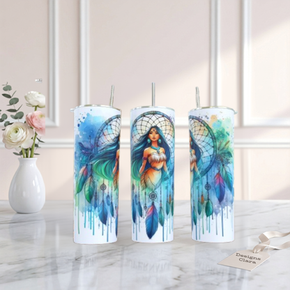 Pocahontas Dreamcatcher Tumbler – Disney Watercolor Gift | 20oz Skinny Tumbler| Travel Mug