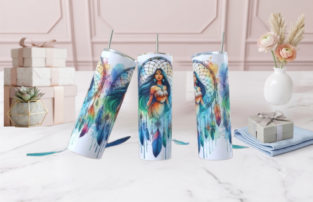 Pocahontas Dreamcatcher Tumbler – Disney Watercolor Gift | 20oz Skinny Tumbler| Travel Mug