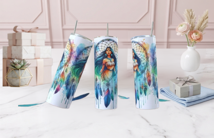 Pocahontas Dreamcatcher Tumbler – Disney Watercolor Gift | 20oz Skinny Tumbler| Travel Mug