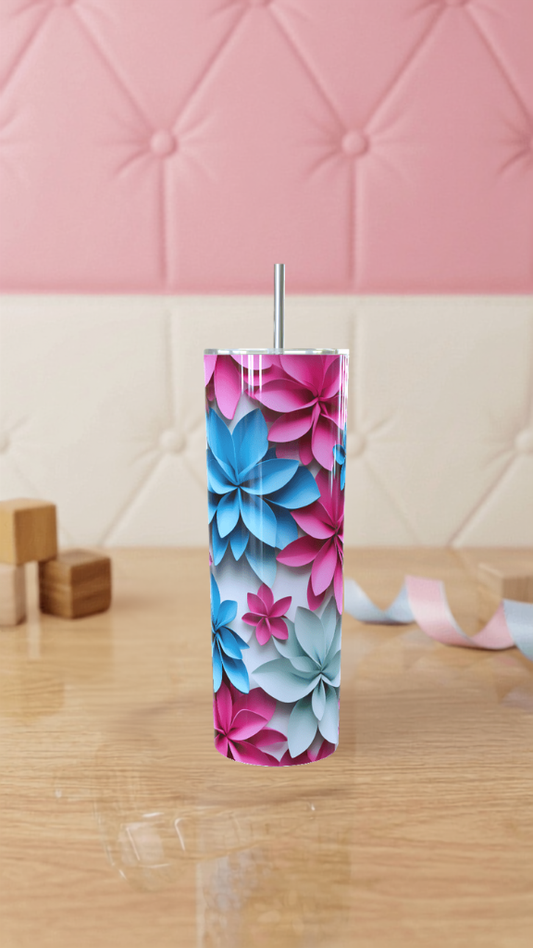 3D Paper Flowers Pink & Blue Skinny Tumbler 20oz| Travel Mug