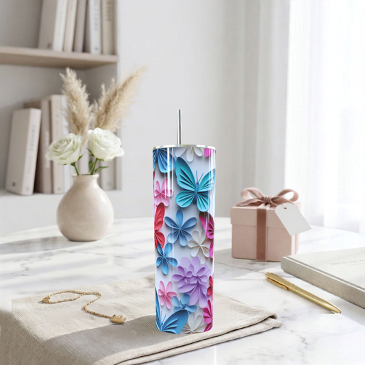 3D Paper Butterfly Floral Skinny Tumbler 20oz| Travel Mug
