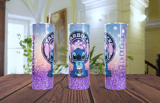 Tumbler Stitch Starbucks Glitter Morado 20oz