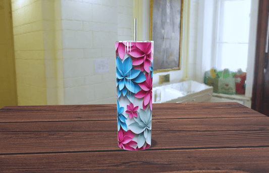 3D Paper Flowers Pink & Blue Skinny Tumbler 20oz
