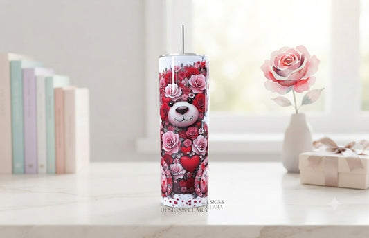 Tumbler Osito de Rosas y Corazones 20oz| Travel Mug