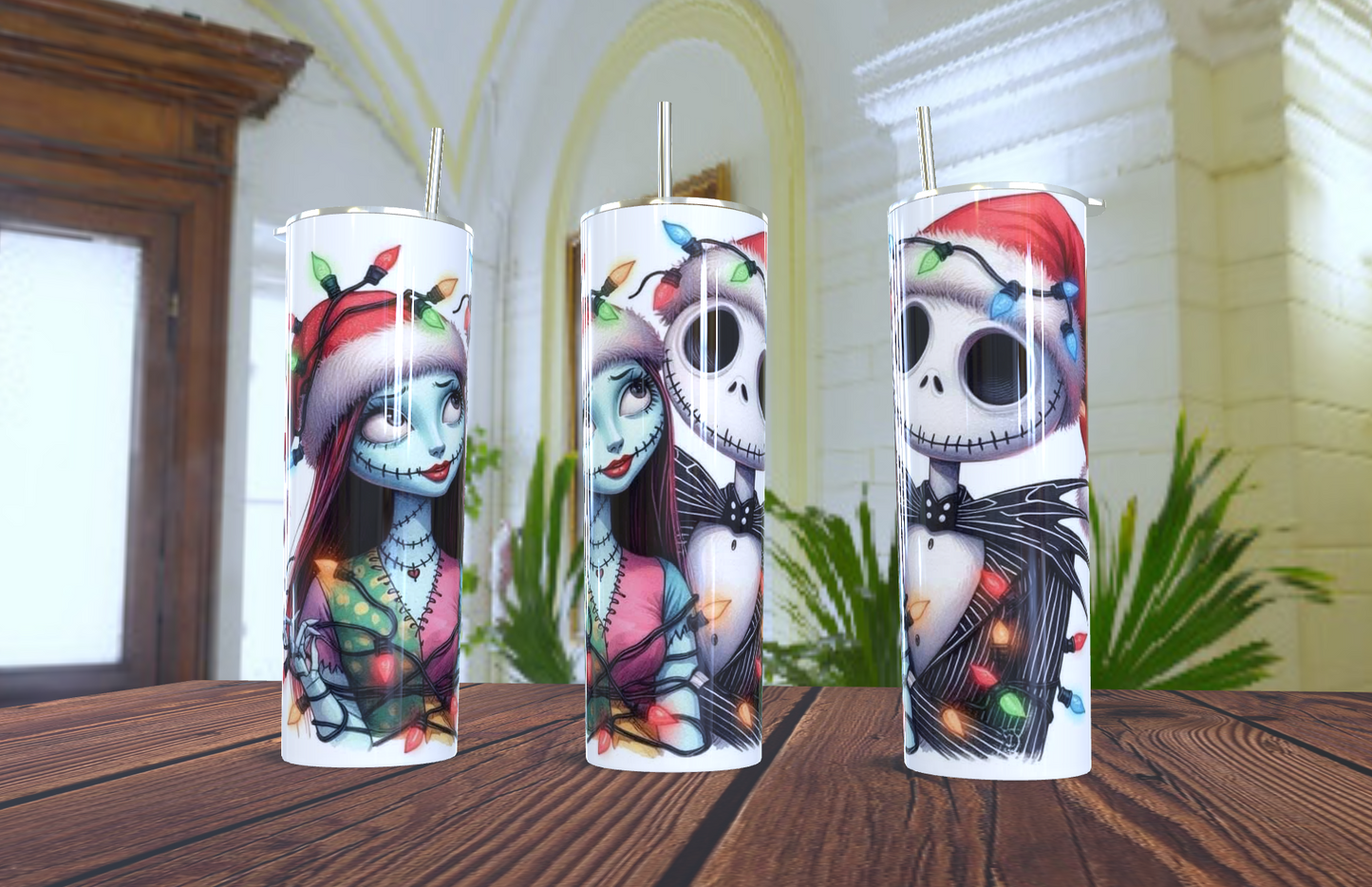 Tumbler con imagen de Jack and Sally en estas Navidada