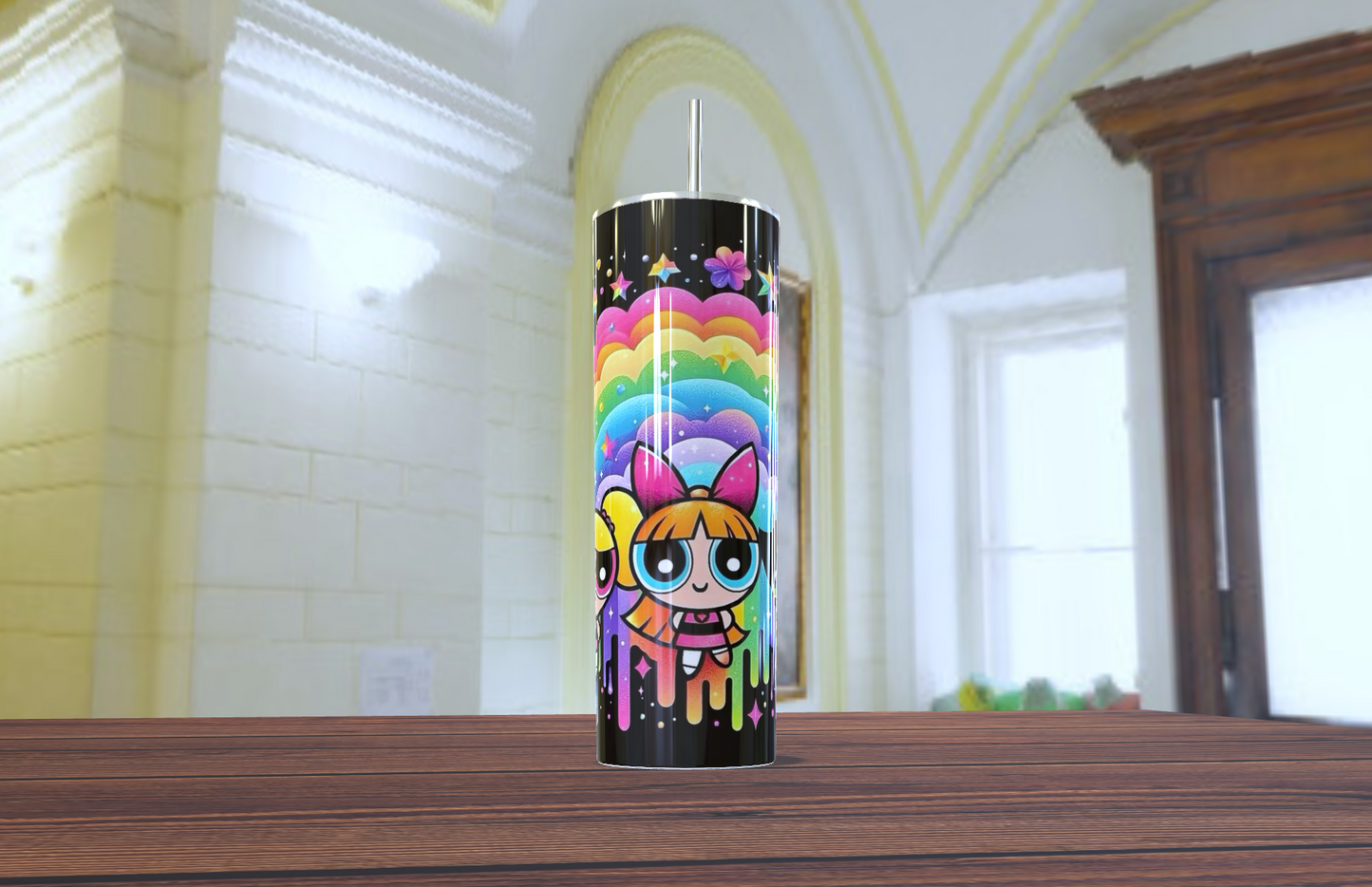 💖 Vaso Tumbler Brillante de las Powerpuff Girls (Chicas Superpoderosas) - ¡Añade Azúcar, Flores y Muchos Colores a tu Día! 🌈✨