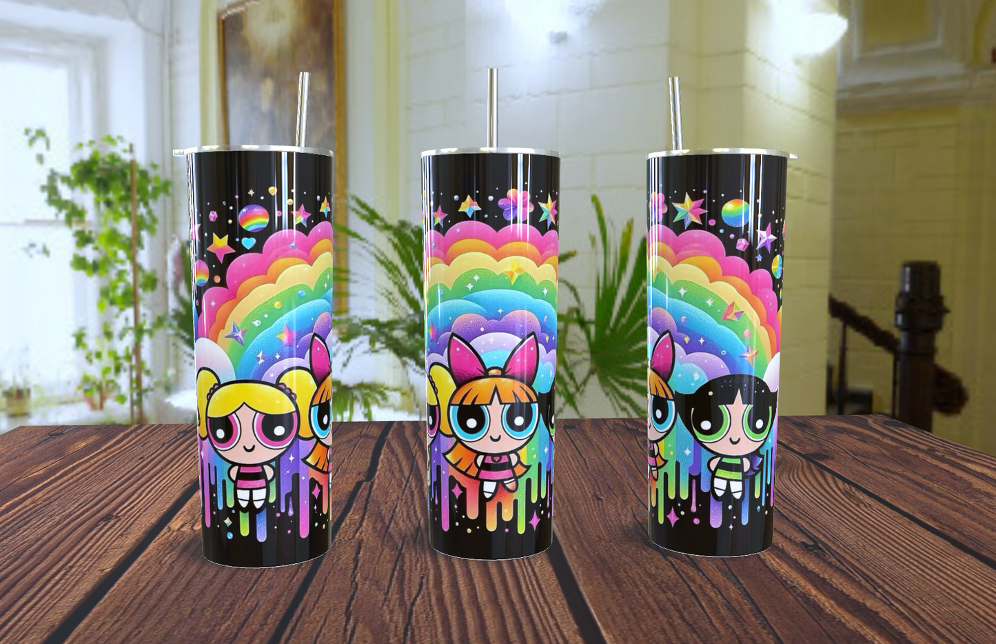 💖 Vaso Tumbler Brillante de las Powerpuff Girls (Chicas Superpoderosas) - ¡Añade Azúcar, Flores y Muchos Colores a tu Día! 🌈✨
