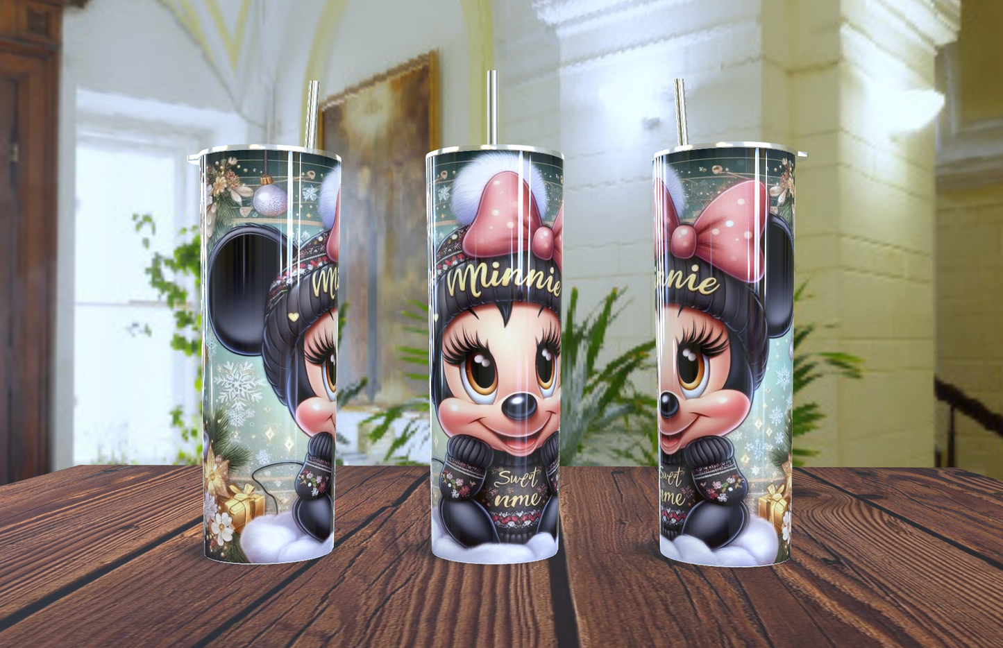 🎀 Vaso Tumbler "Minnie Mouse Navideña y Acogedora" - ¡Dulces Sueños Invernales! ❄️💖