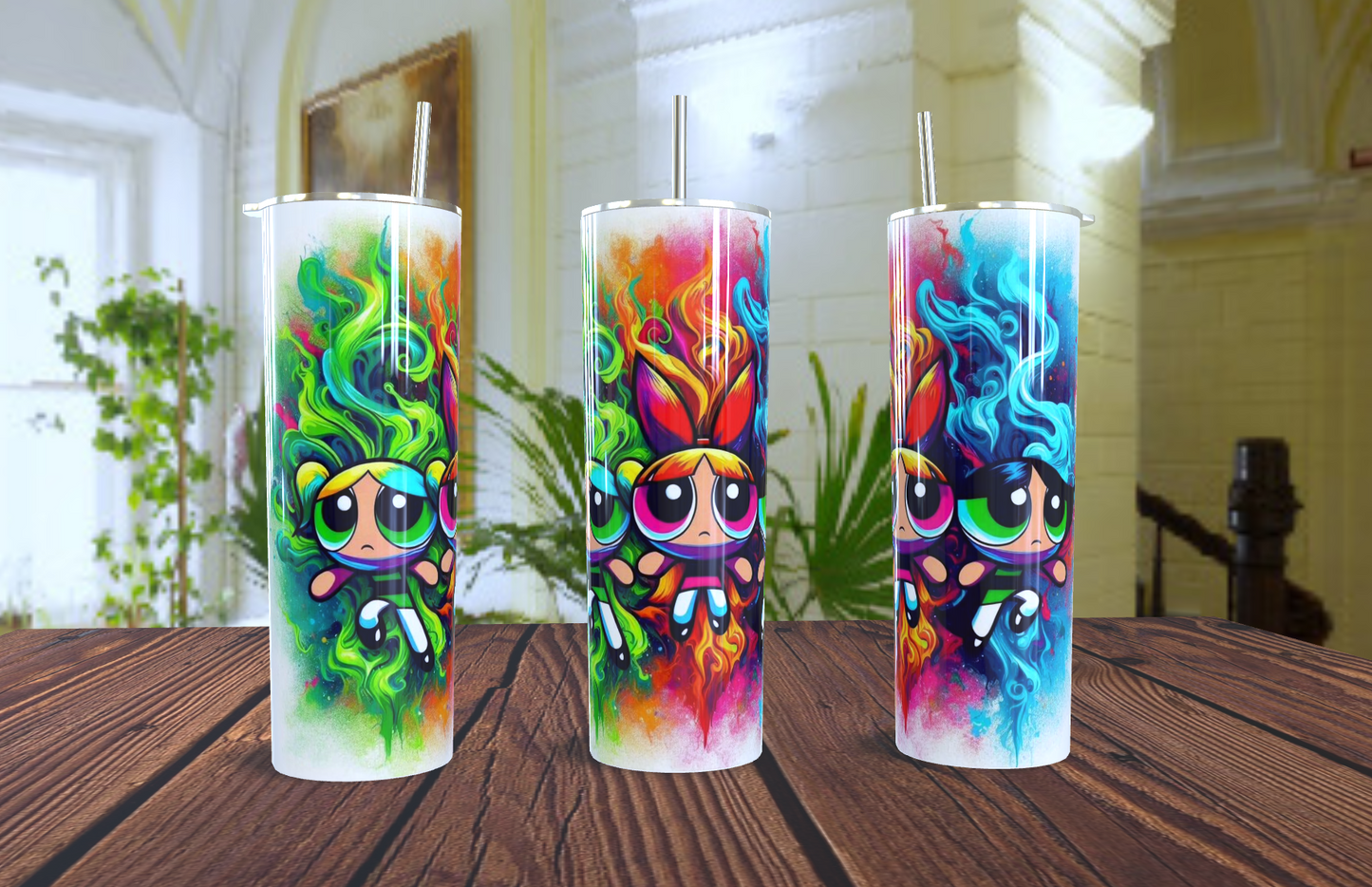 💥 Vaso Tumbler "Powerpuff Girls: Estallido Pop Art" - ¡Azúcar, Flores y Colores Psicodélicos! 🌈💖