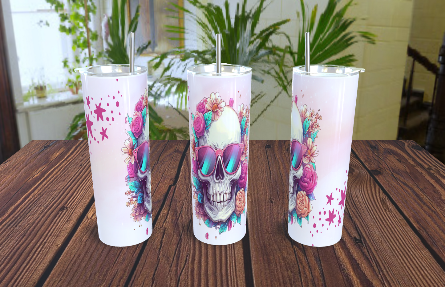 Termo Delgado 'Calavera Cool' con Gafas de Sol y Flores - Vaso Tumbler de Acero Inoxidable (20oz)