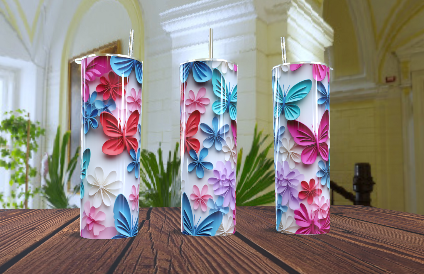 🦋 Vaso Térmico Skinny - Jardín de Mariposas 3D 🌸