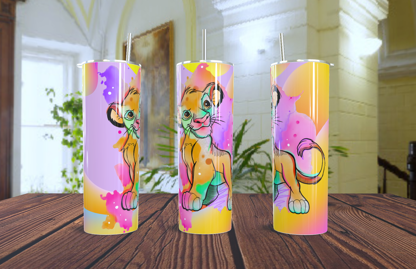 Vaso Térmico de Acero Inoxidable - Diseño Simba Acuarela Neón (20oz)