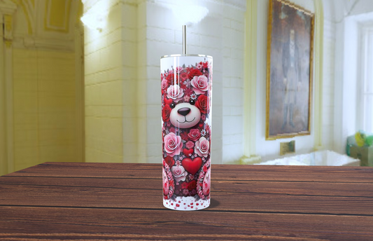 Termo Tumbler de 20oz con Diseño de Oso de Rosas y Corazones - Edición San Valentín