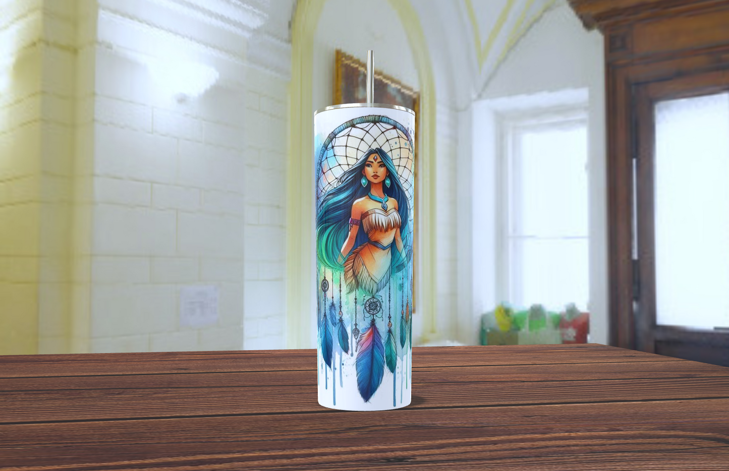 Pocahontas Dreamcatcher Tumbler – Disney Watercolor Gift | 20oz Skinny Tumbler