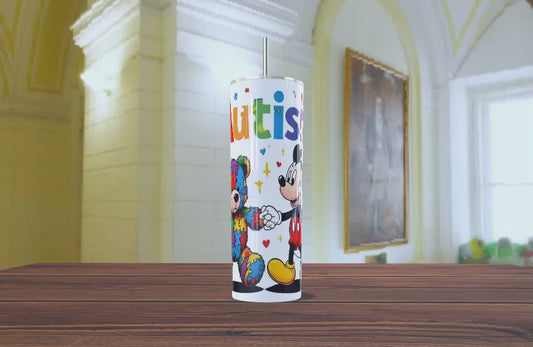 Vaso Térmico "Amigos de Corazón" – Diseño Autismo con Mickey Mouse y Osito de Colores
