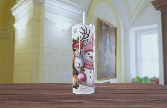 Christmas Reindeer & Snowman Pink Skinny Tumbler 20oz