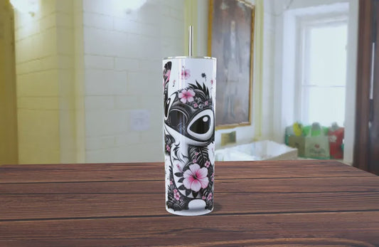 Termo Skinny de Stitch con Flores Rosas - 20oz Acero Inoxidable