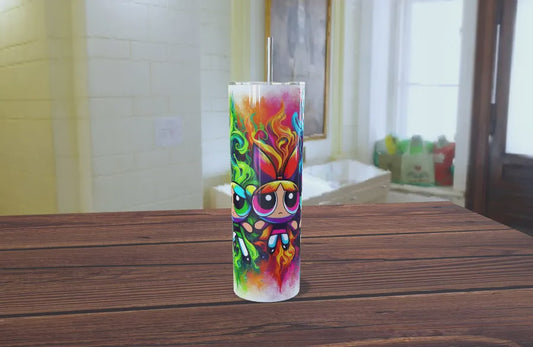 💥 Vaso Tumbler "Powerpuff Girls: Estallido Pop Art" - ¡Azúcar, Flores y Colores Psicodélicos! 🌈💖