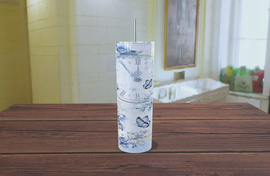 Tumbler Mariposas y Rosas Azules Reloj Vintage - 20oz