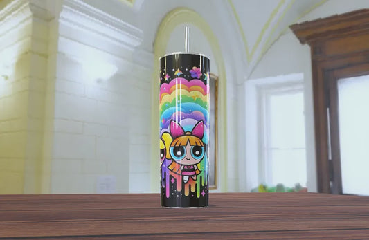 💖 Vaso Tumbler Brillante de las Powerpuff Girls (Chicas Superpoderosas) - ¡Añade Azúcar, Flores y Muchos Colores a tu Día! 🌈✨