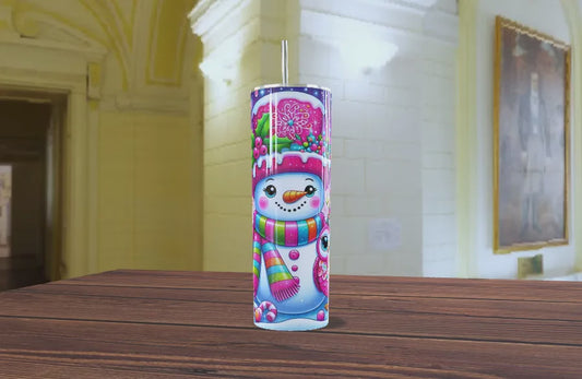 Vaso Térmico Skinny Navideño de 20oz con Muñeco de Nieve y Búho | Taza Aislada con Popote, Regalo de Invierno