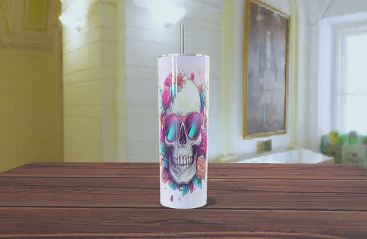 Termo Delgado 'Calavera Cool' con Gafas de Sol y Flores - Vaso Tumbler de Acero Inoxidable (20oz)