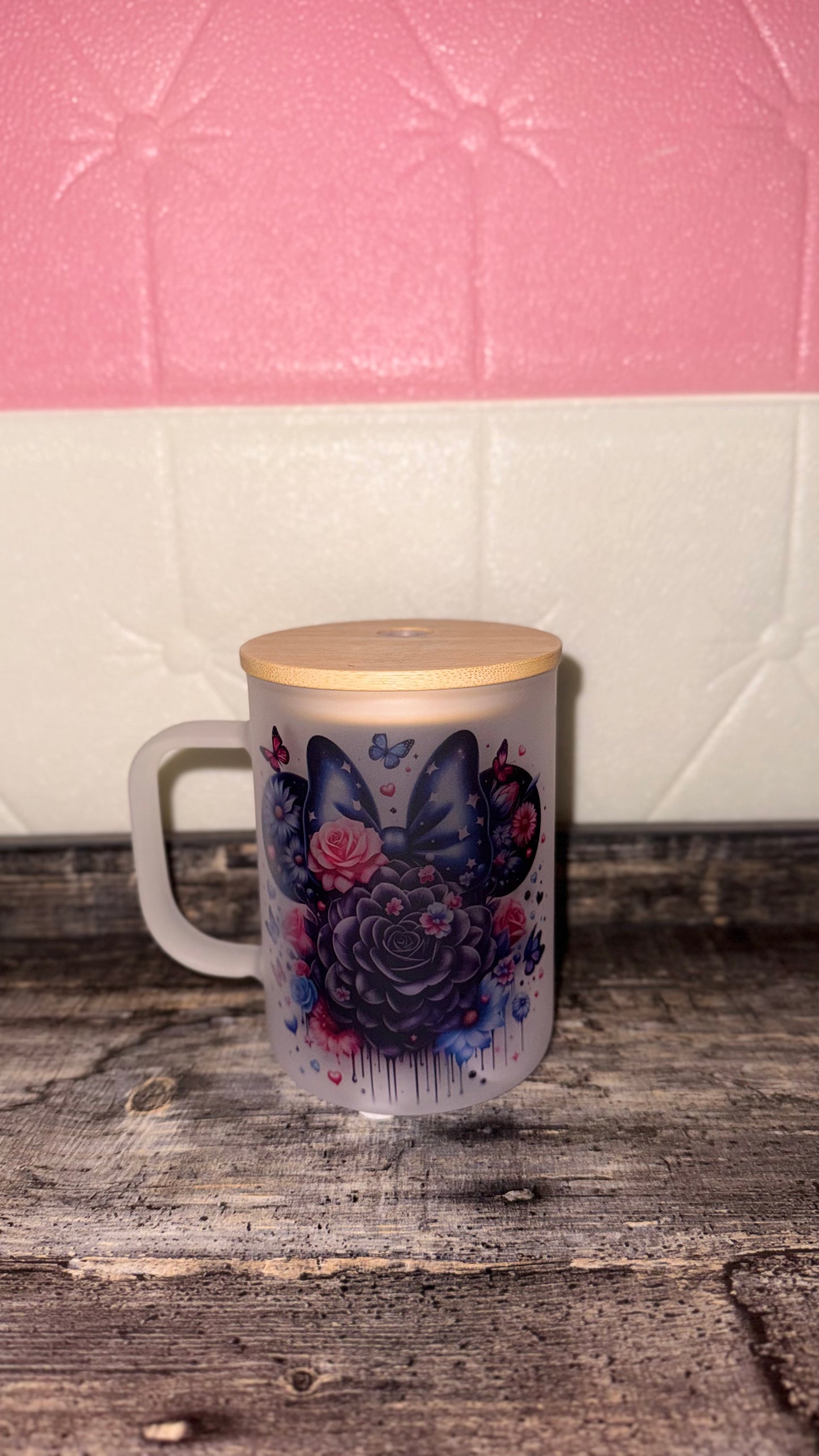 Dark Butterfly Rose Glass Mug 16oz – Frosted Bamboo Lid
